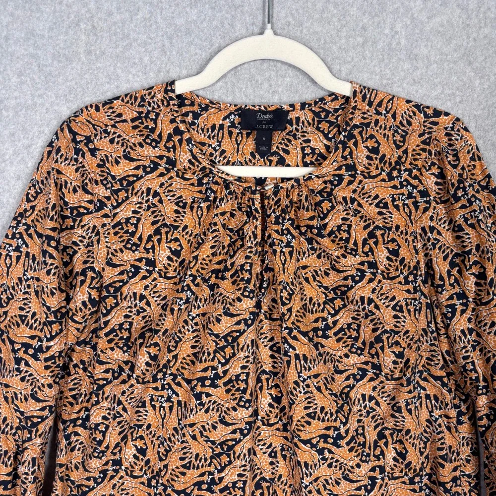J Crew x Drakes London Blouse Size 6‎ Navy Orange Giraffe Print Popover Safari